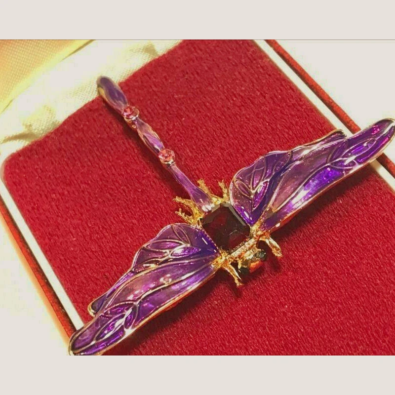 Beautiful Purple Art Nouveau Style Enamel Crystal DRAGONFLY BROOCH PIN Jewellery