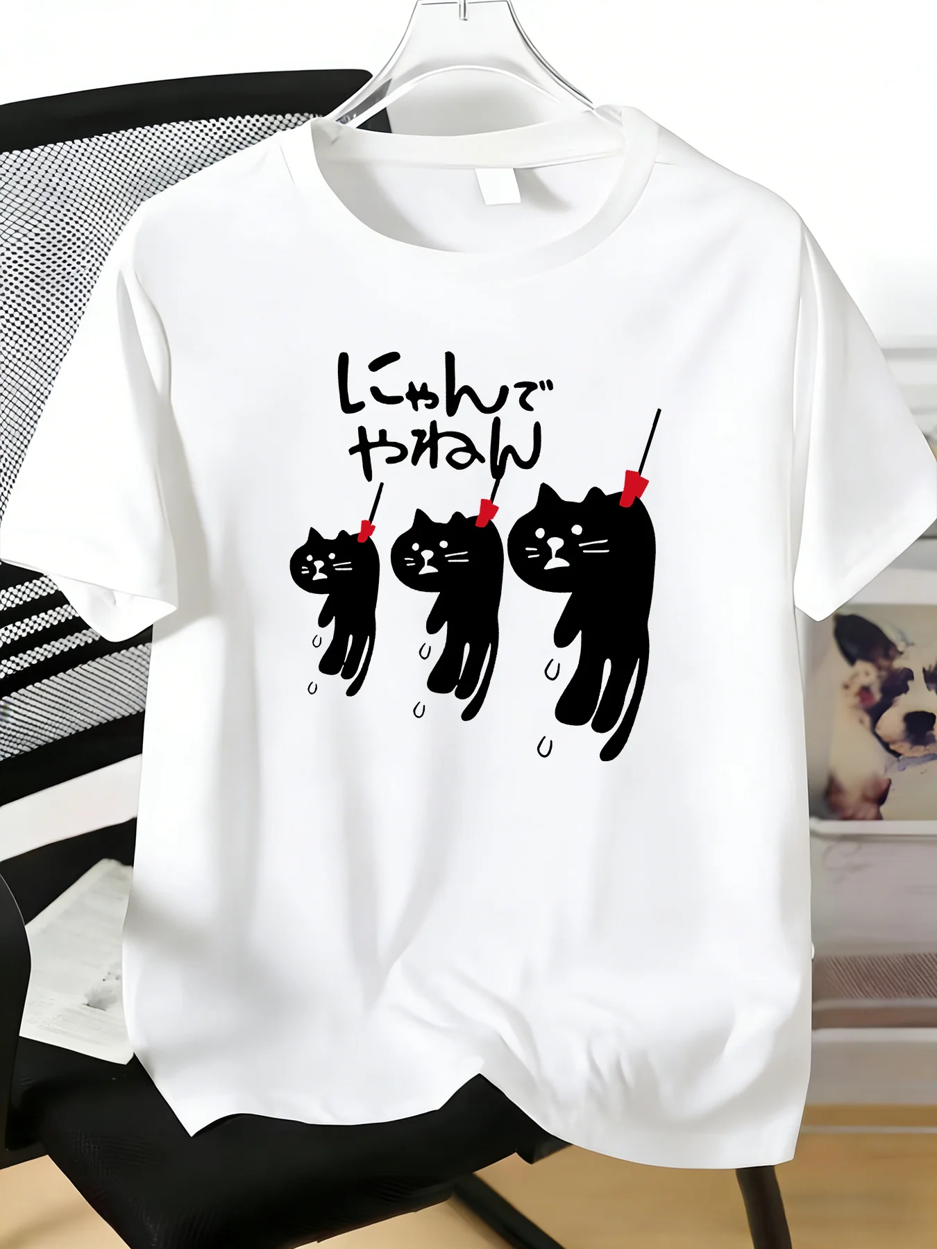 Cute Cartoon Hanging Black Cats Japanese Script Graphic Mens Crew Neck Short Sleeve Soft Cotton Male Summer Street Casual Tees