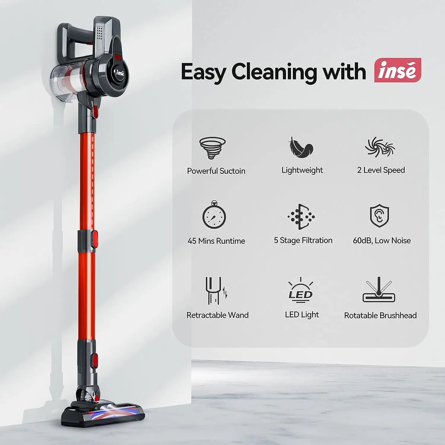 INSE N650 Vacuum Cleaner 160W Rechargeable Cordless Stick Vacuum, up to 45 minutes for Home Hard Floor Carpet Pet Hair