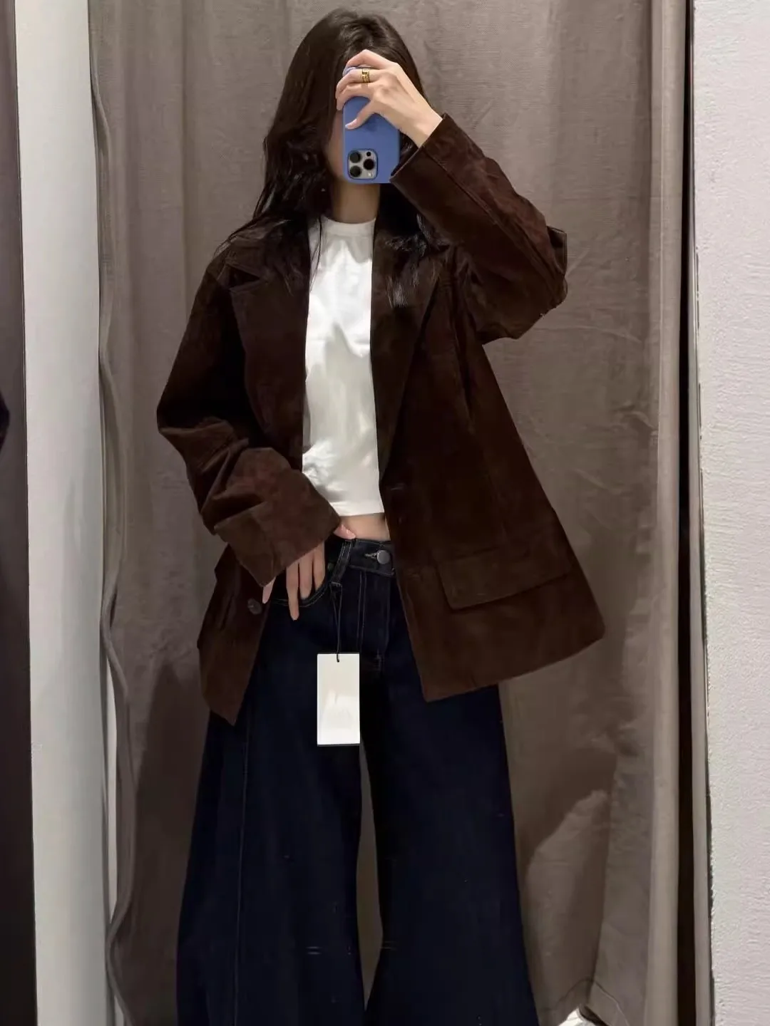 جديد 2025 الخريف المرأة عادية Sle فضفاضة تناسب الجلود فو الجلد المدبوغ Jaet الوقوف طوق طويل Sve زر واحد إغلاق معطف