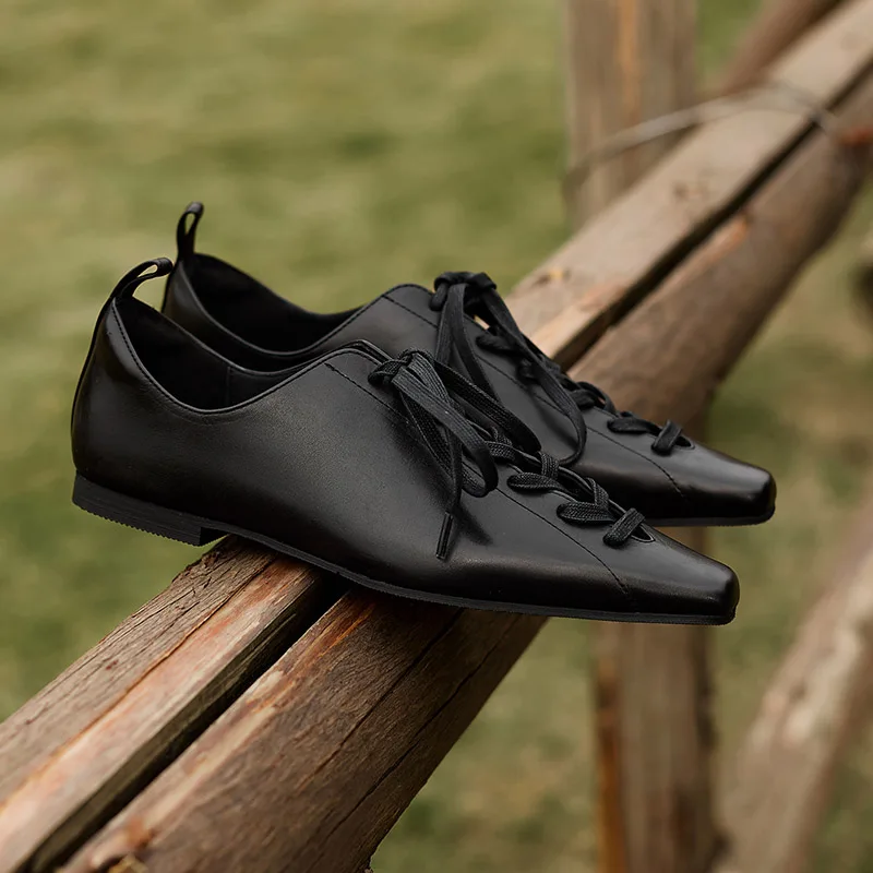 2025 Hot Sale Fashion Low Heel Lace Up Genuine Leather Pumps Women Daily Walk Flats Young Girls Casual Spring Autumn Black Shoes