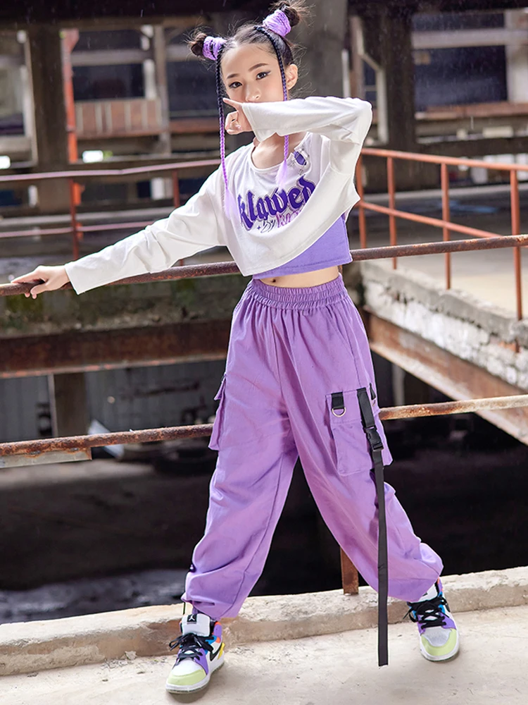 New Jazz Dance Costume Kids Hip Hop Clothes Girls White Crop Tops Purple Cargo Pants Long Sleeved K-pop Concert Show Wear BL9259