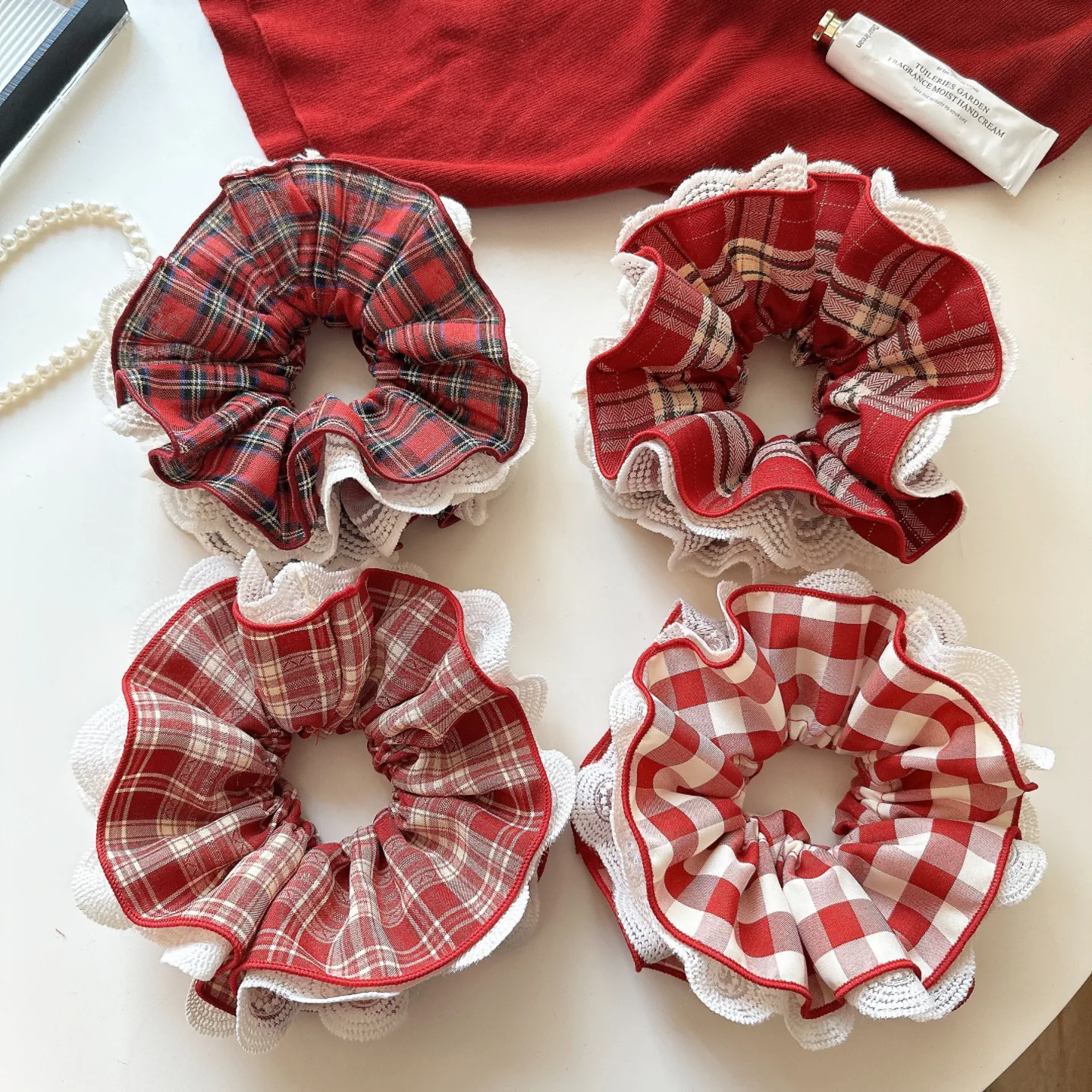 

Red Plaid Lace Large Scrunchie Oversized Fluffy Elastic Hair Rope for Women Bun Maker Soft High Quality Daily Essential