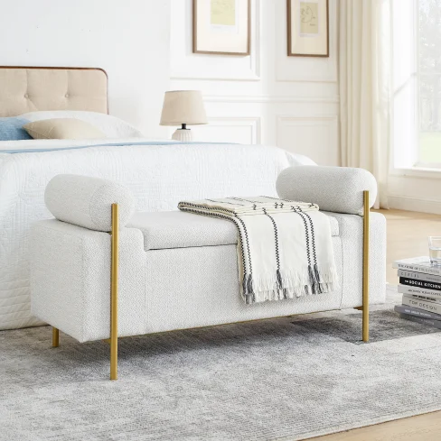 

Luxury Convertible Fabric Storage Bench with Modern Design Cylindrical Arms and Iron Legs for Bedroom Living Room Home Office