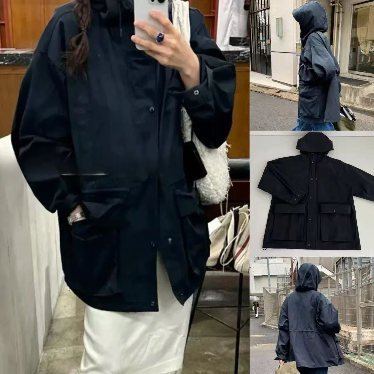

Casual Outdoor Jaet with Dstring Large kets Workwear Sle Windbreaker Coat Zipper Closure Long Sve Mid-Length
