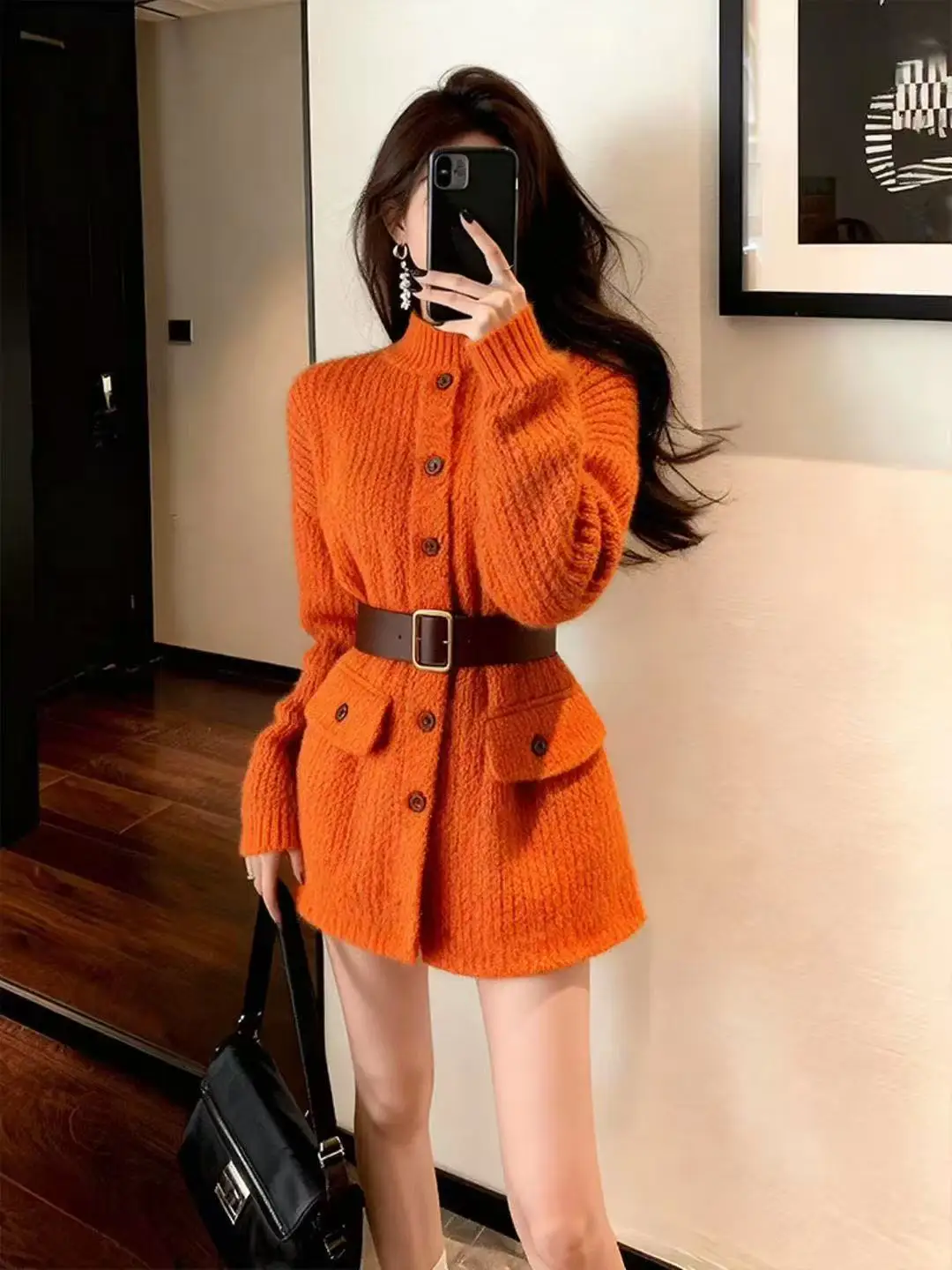 

Женское зимнее модное приталенное пальто Ele Knitted Dr средней длины с длинными рукавами и воротником-стойкой для важных мероприятий