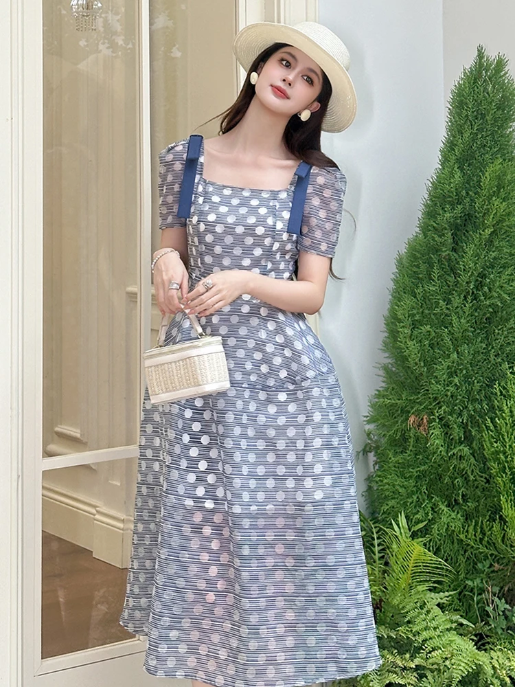 Vintage Cute Blue White Polka Dot Midi Dress Women's Sheer Swing Ball Gown Female Casual Daily Party Vestidos Dating Prom Robe