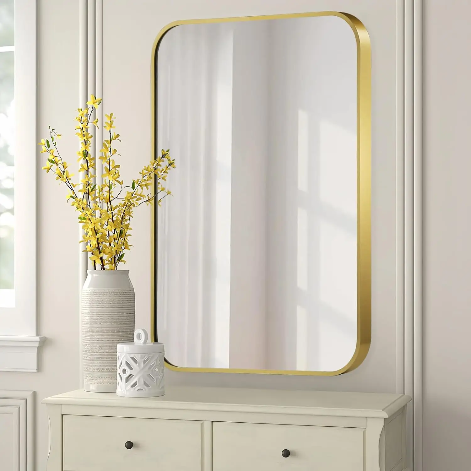 

22X30 H Matte Gold Bathroom Mirrors For Wall, Brushed Bathroom Vanity Mirror With Rounded Edge, Metal Framed Rec Mirrors For