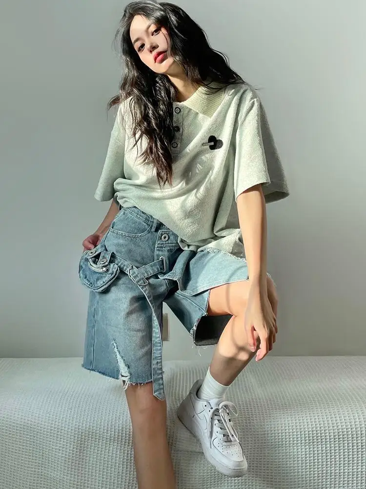 Women Shorts 2024 Summer Sexy Knee-length Denim Design Thin New Arrival Hole Chic Vintage Pockets Fashion All-match Streetwear