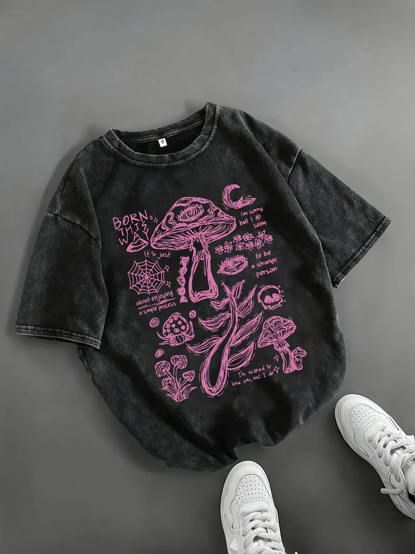 

Women's Casual Graphic Print T-Shirt - Soft Blend, Fun Mushroom & Floral Design, Short Sleeve, Round Neck, Machine