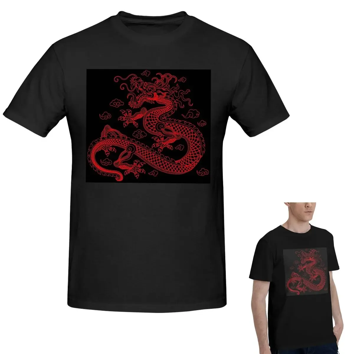 

Футболка из 100% хлопка с красным китайским драконом, мужская забавная футболка большого размера, мужские летние рубашки с круглым вырезом, топы, S-6XL