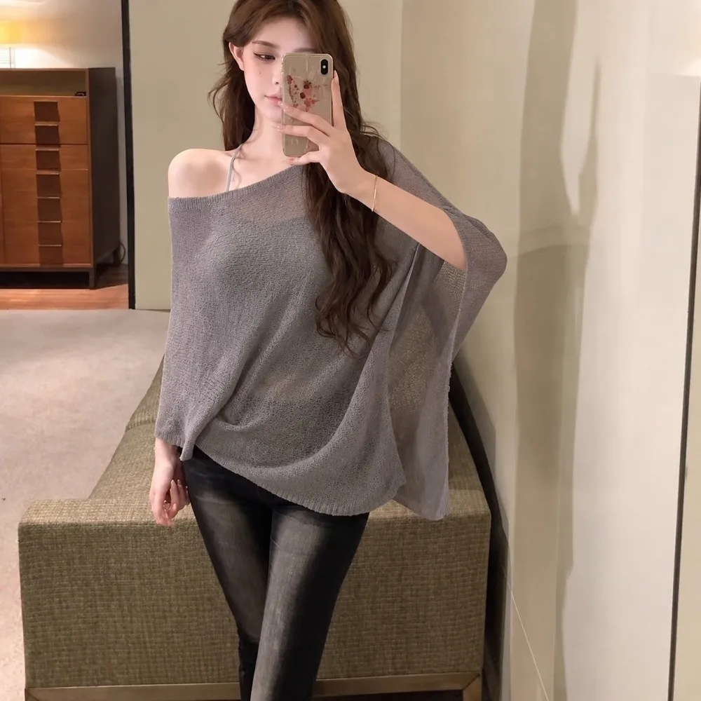 Viscose Fiber Ice Silk Shawl Hollow-out Breathable Sun Protection Cover Up Off Shoulder Knitted Poncho Air Conditioner Use