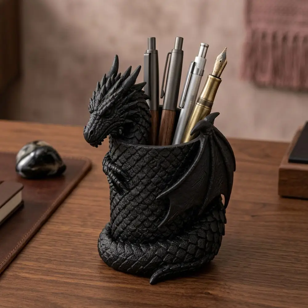 3D Printed Dragon Pen Holder Statue Fantasy Dragon Realistic Dragon Head Storage Holder Gothic Black Dark Style Desk Organizer