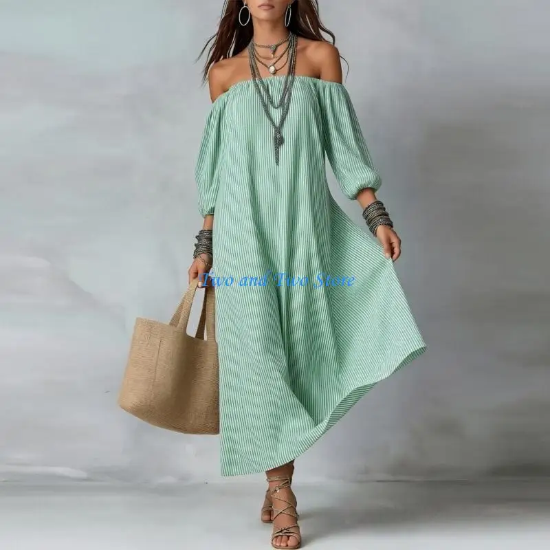 HX6F Women Bohemian Off Shoulder Print Hollow Pocket Loose Maxi Dress