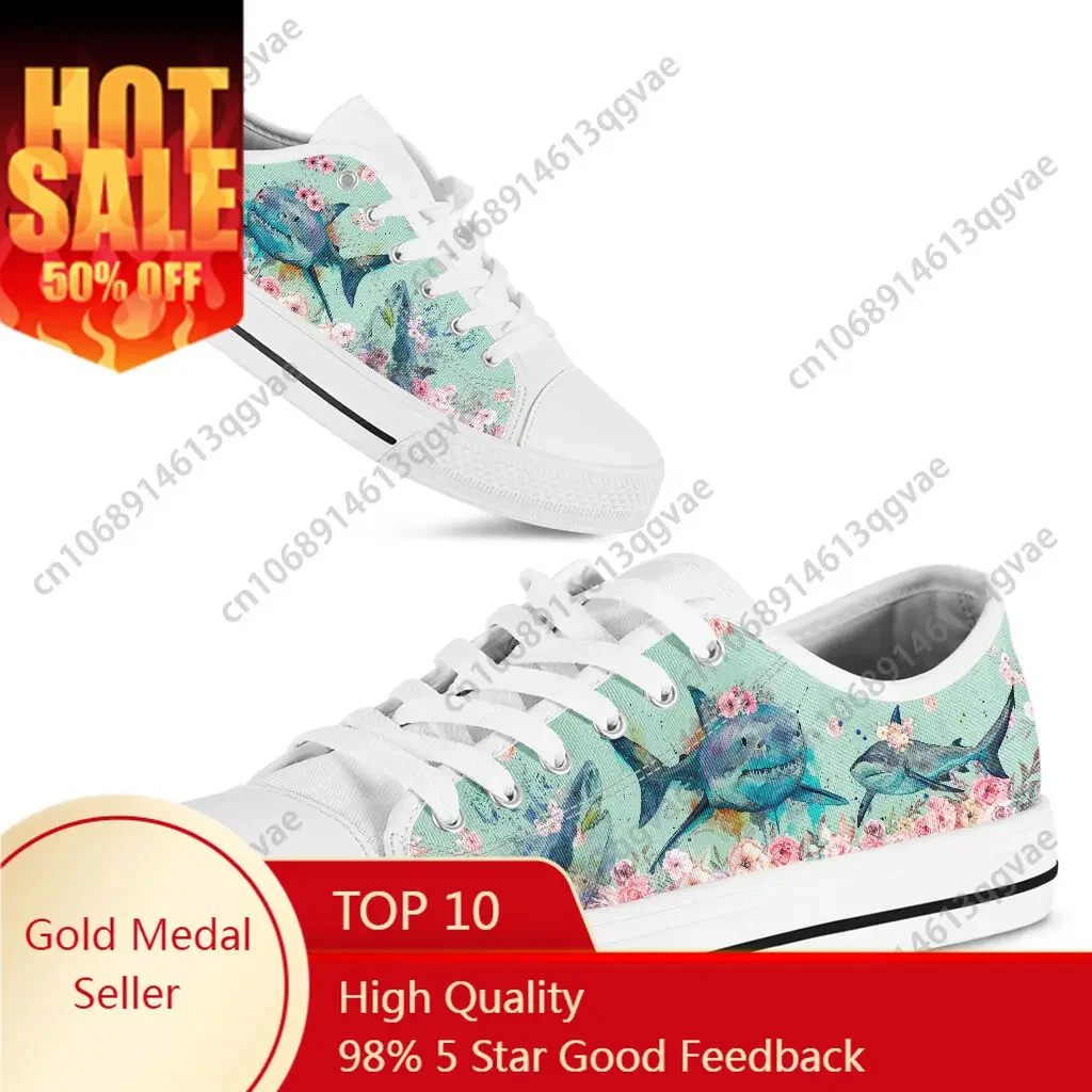 

Water Color Shark Floral Low Top High Quality Sneakers Mens Womens Teenager Canvas Lightweight Sneaker Couple Shoes Custom Shoe