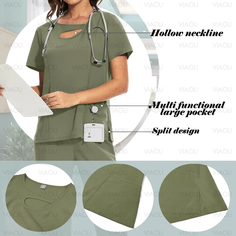 Uniformes médicos con cuello hueco para mujer, ropa de enfermería, disfraz de belleza, conjuntos de ropa de trabajo para médico, dentista, Tops clínicos, Pantalones