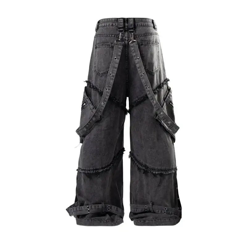 American-style Distressed Deconstructed Multi-pocket Men Jeans Curved Hem Loose Straight-leg Trend New Denim Pants NAF5