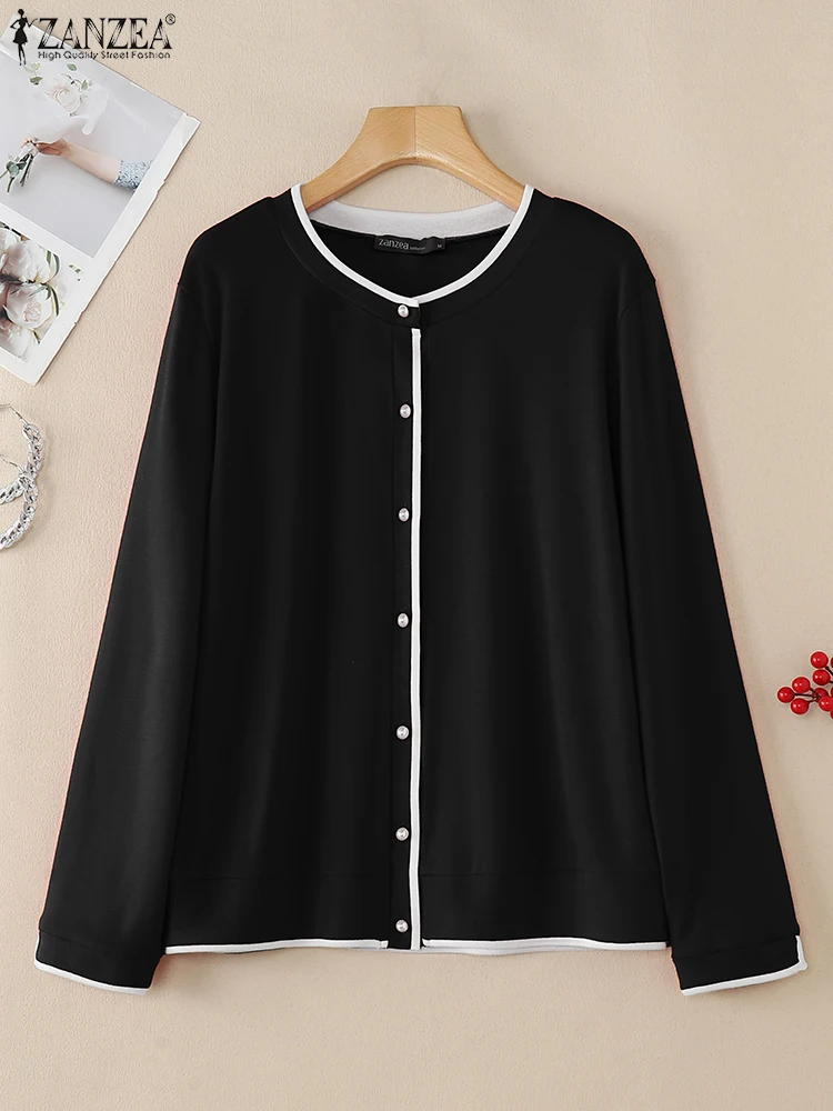 

ZANZEA Fashion Elegant Cardigan Tops Contrasting-Stripes 2025 Spring Casual Women Shirts Button-Up Long Sleeve O-Neck T-shirts