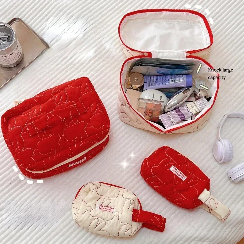 Cute Travel Storage Pouch Organizer for Women Handbag Ins Zipper Makeup Bags Rabbit Quilted Cotton Cosmetic Cases Large Capacity