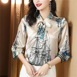 Elegant Bow Boat Print Satin Silk Shirts Women Tops Long Sleeve Work Blouses Casual Spring Autumn Ladies Fashion Party Shirts