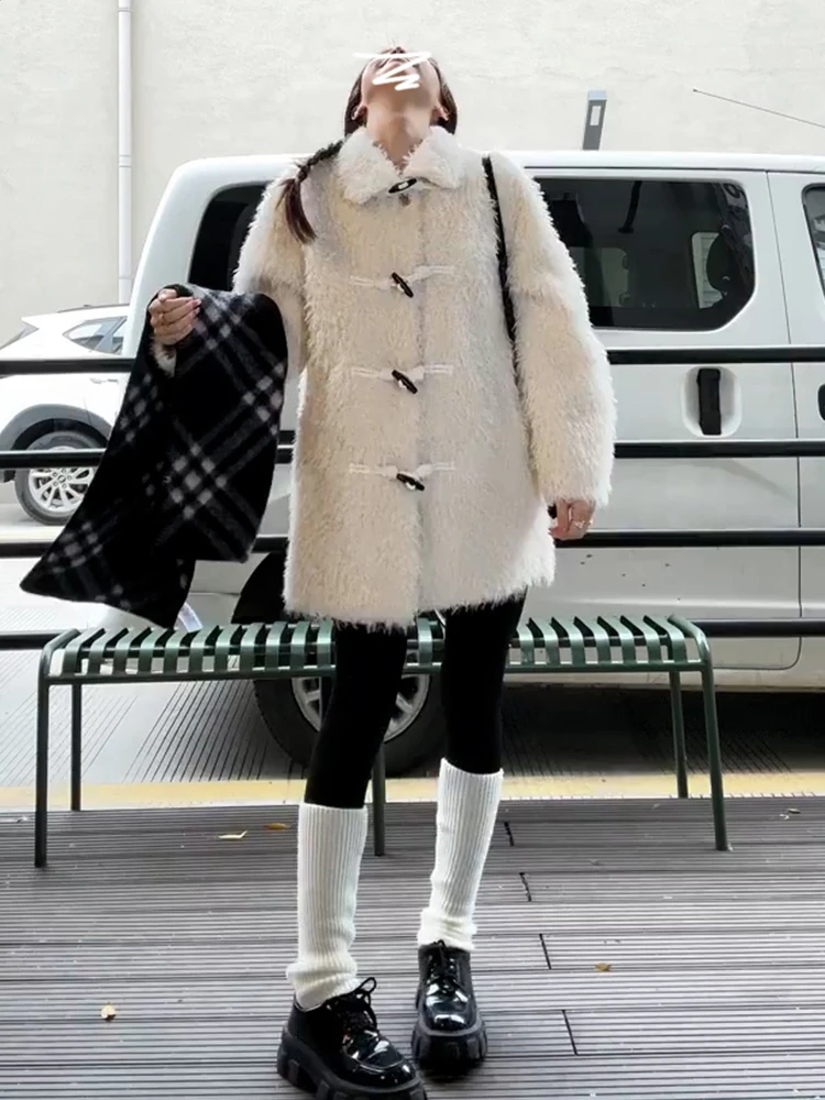 

2026 Spring Autumn Women's ort Coat Fake Lamb Fur Medium Length Button Thiened Outerwear Sweet Sle Polyester Fiber