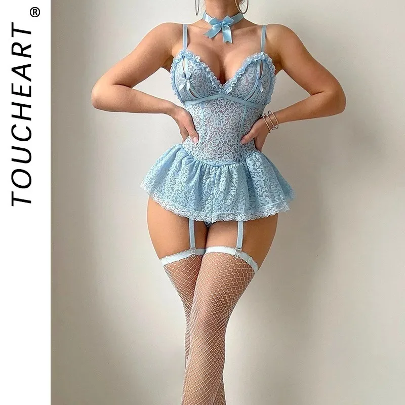 

Toucheart Erotic Sleeping Skirt Lace Embroidery Patchwork SkinnyBackless Seductive Women Premium Sexy Bow Knot Hot Underwear Set