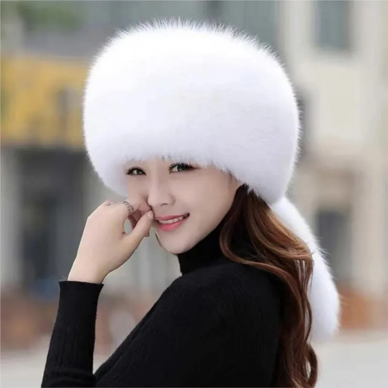

Women's warm dovetail hat fur woolen three-tailed