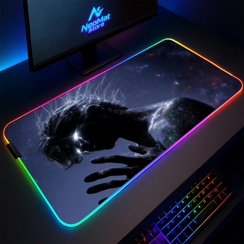 

Large Mouse Pad with Backlight Galaxy Mouse Pads Glow Gaming Led Mousepad Anime Space Desk Mat Rgb Pc Accessories Decor Black