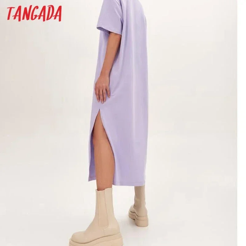 Tangada Summer Women Elegant 95% Cotton Sweatshirt Dress Oversized Short Sleeve Side Open Ladies Midi Dress 6L60