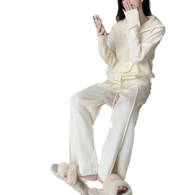 Autumn Winter Knitted Cardigan Women Loose Sweater Slit Knit Trousers Two Piece Set Office Lady Wide Leg Pants Lace Up E12293