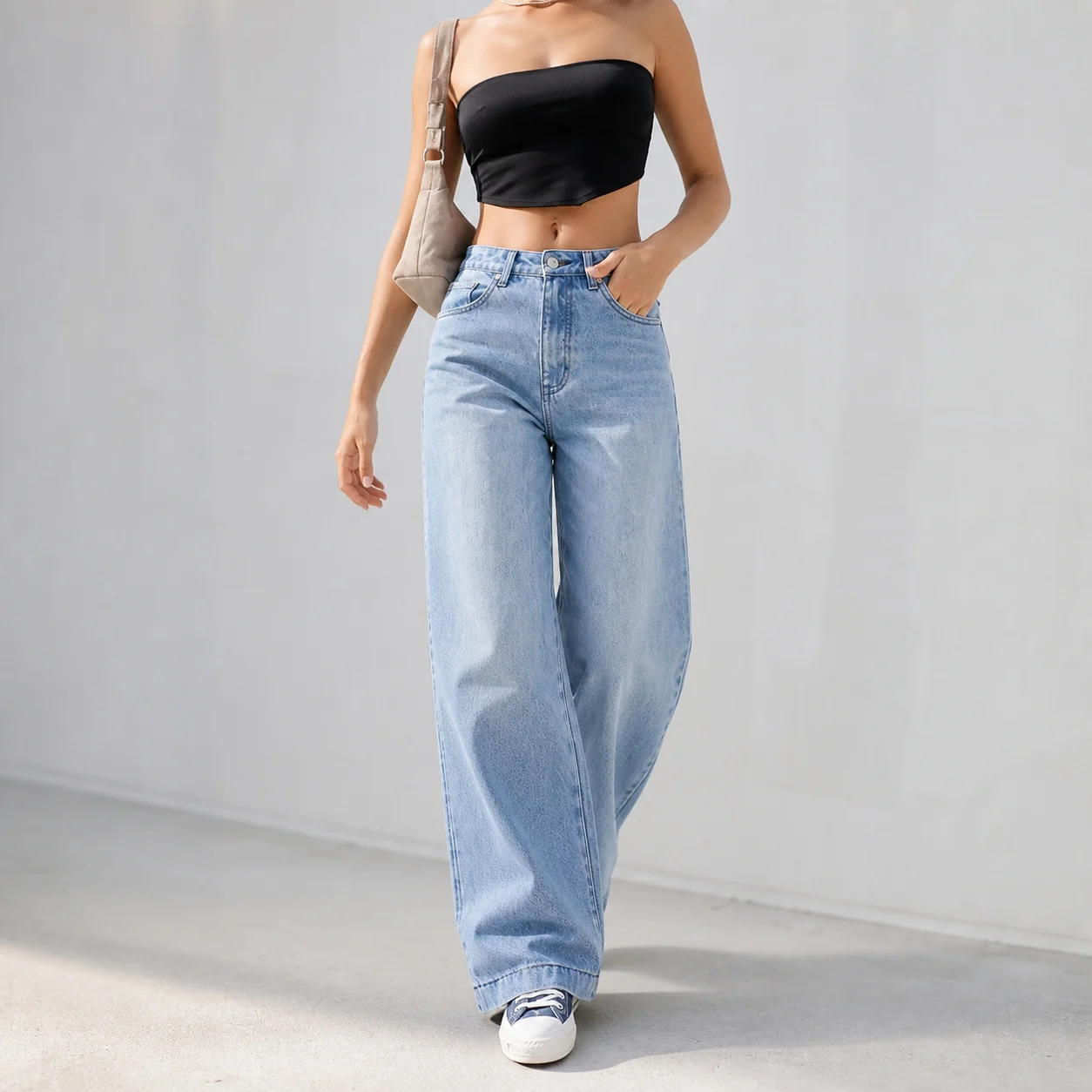Women's Y2K Baggy High Waist Loose Fit Wide Leg Stone Washed Full Length Cotton Streetwear Jeans for Women with Five Pocket and
