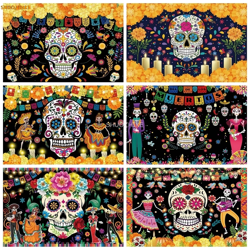 

Mexico Day Of The Dead Backdrop Mexican Cinco Fiesta Sugar Skull Marigold Dress-up Party Photography Background Photo Studio