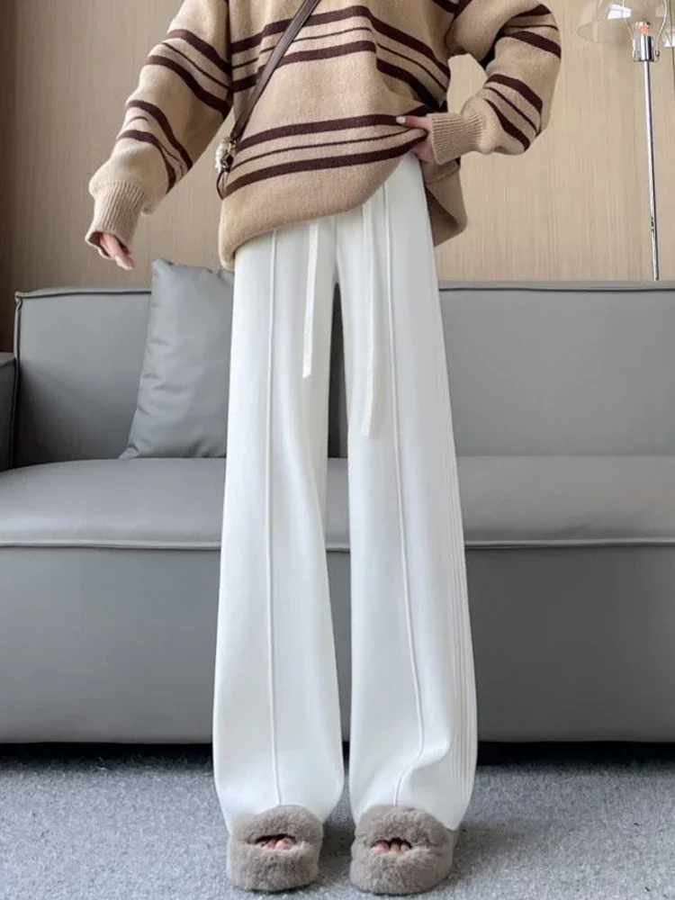 Knitted Lace-up High Waist Women Pants Simple Fashion Streetwear Straight Loose Casual Solid Color Female Wide Leg Pants