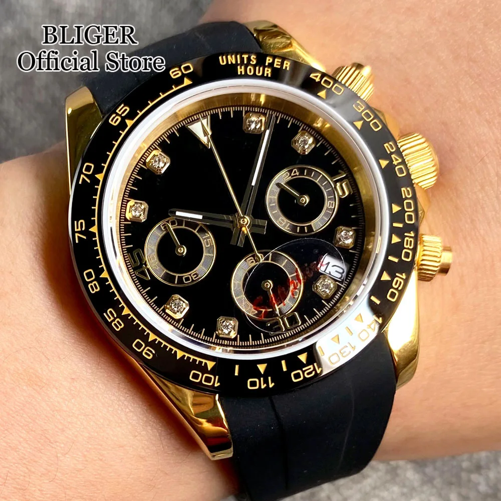 

Fashion Gold Gem Index 39mm Quartz Chronograph Watch For Men VK63 Movement Sapphire Glass Black Green Dial Reloj