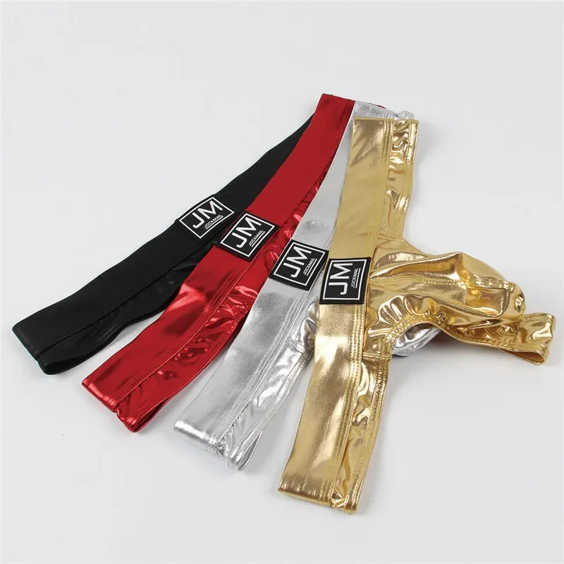 Jockmail Mens Underwear PU Leather Thong Sparkling Sissy Suspensorios Hombre Sexy Low Waist Jockstraps