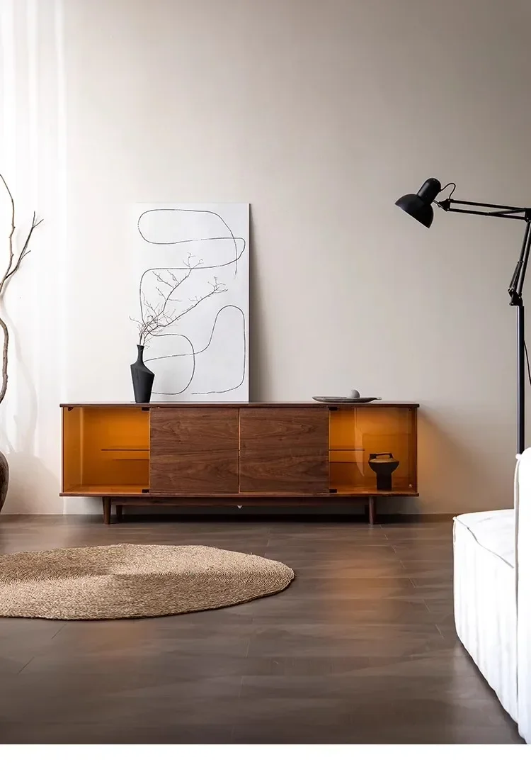 

X Nordic Japanese-style black walnut TV cabinet pure solid wood medieval living room display simple glass locker