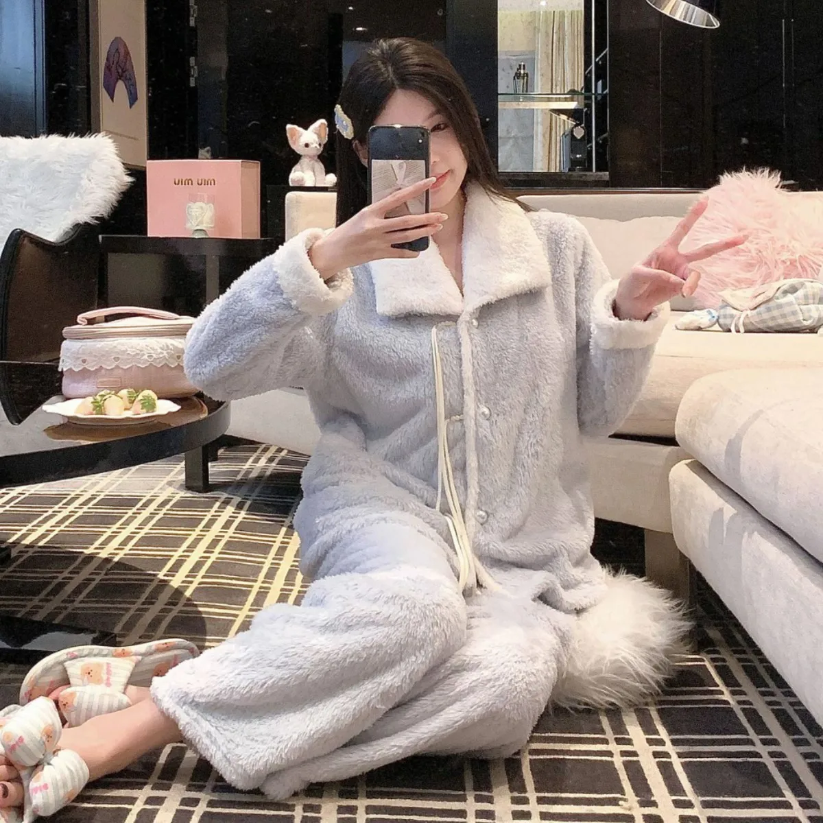 

New Chinese Style Coral Fleece Winter Women's Pajama Sets Thickened Warm Home Clothes Suite Sleepwear Long Sleeve Trousers Set