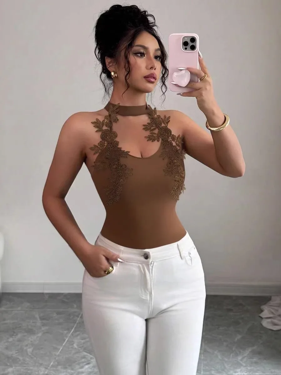 Chaleco Elegante sin Mangas para Mujer, Cuello de Encaje, Ajustado, Moda Otoño-Invierno, Fibra de Poliéster, Cuello Redondo, Corte en A