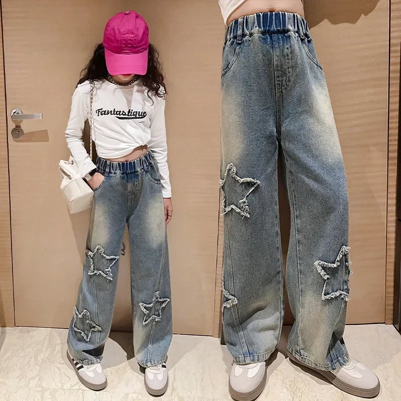 Girls' Jeans 2025 Spring New Kids Fashion Retro five-pointed Star Denim Wide-leg Pants Teenage Children Trousers 10 12 14 Years