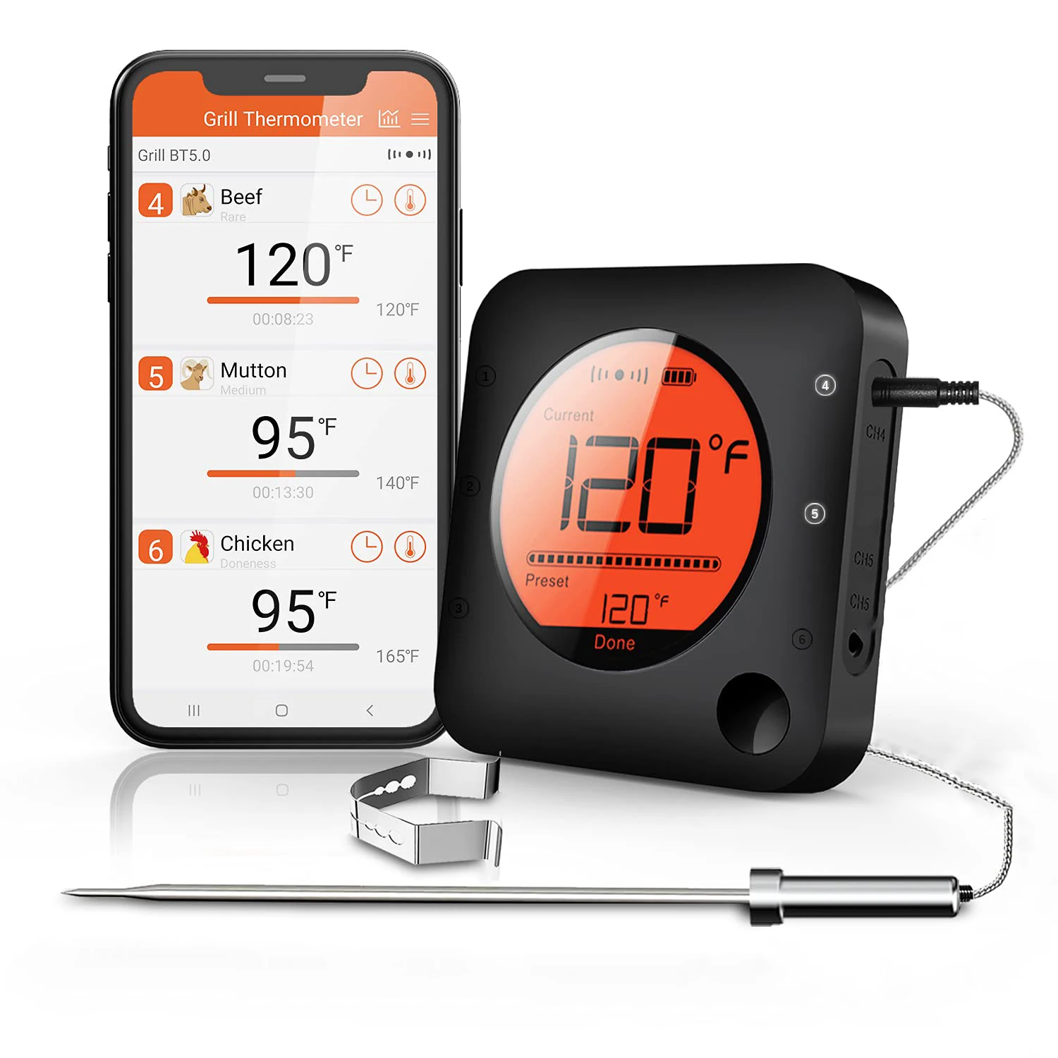 NONE Bluetooth-Fleischthermometer, digitales Grill-Küchenthermometer, unterstützt 6, Sonde für Smoker, Kochen, Grill, Ofen, Süßigkeiten 6