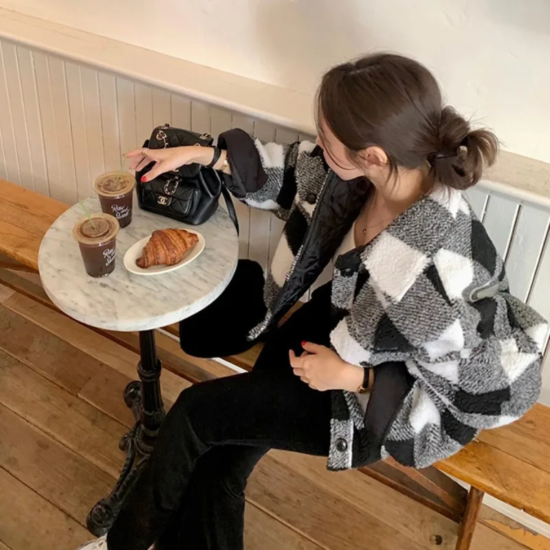 ort コットンジャエット レディース シック 韓国風 冬 新作 フリップカラー ファッショナブル レトロ チェック柄 コート 暖かい 快適なトップス