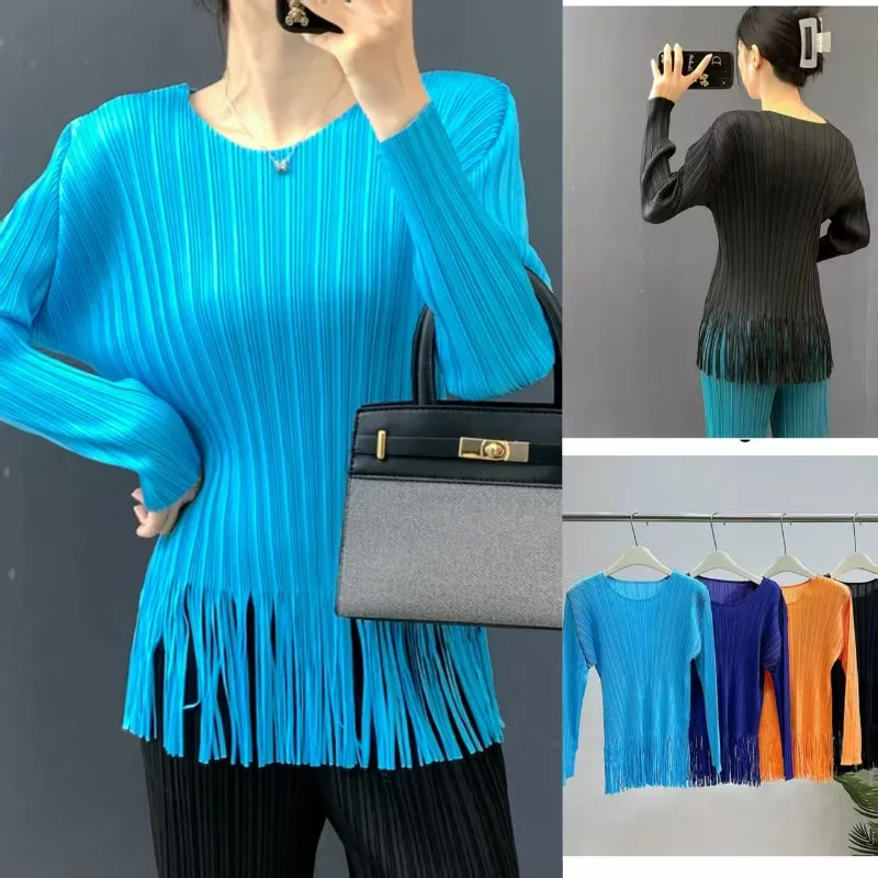 

Miyake Pleated T-shirt 2025 Tassel Temperament Long-sleeved T-shirt Female Autumn New Slim Fashion Round Neck Solid Color Blouse