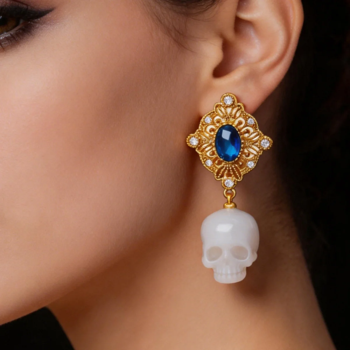 French Vintage Zircon Skull Earrings Palace Style Elegant Temperament Earrings For Women Jewelry