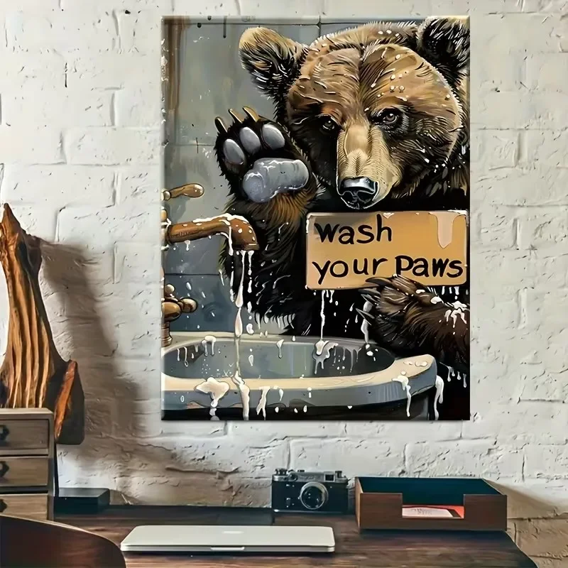 Multiple sizes 1pc frameless Canvas Painting,Wash Your Paws Bear Is Washing Its Hands Bathroom Poster and Prints Canvas Painting