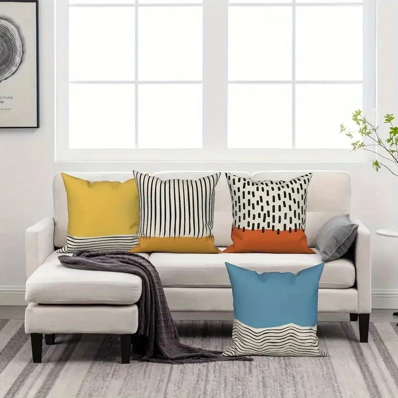 1pc Boho Abstract Striped Geometric Throw Pillow Cover 2D Double-Side Print Polyester Cushion Case for Home Sofa Housewarming Gi