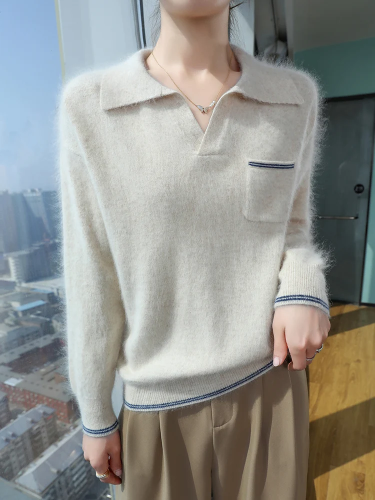 100% 밍크 캐시미어 여성 폴로 칼라 풀오버 부드러운 따뜻함 가을 겨울 캐주얼 패션 니트 롱 벨벳 스웨터