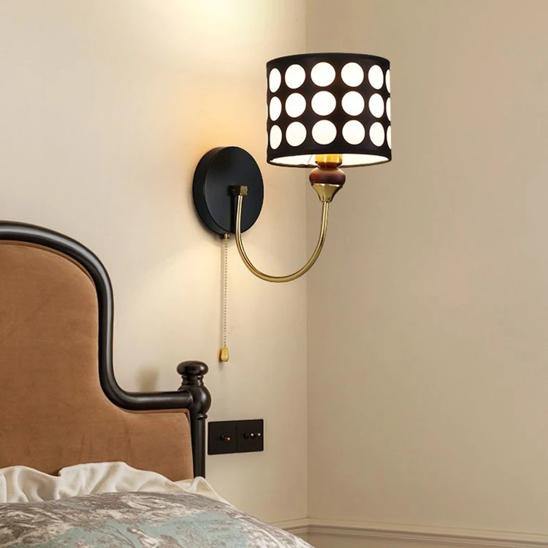 Retro Black and White Polka Dots Wall Lamps Zipper Switch Fabric Sconces Bedroom Bedside Wall Light for Living Room Hallway E27