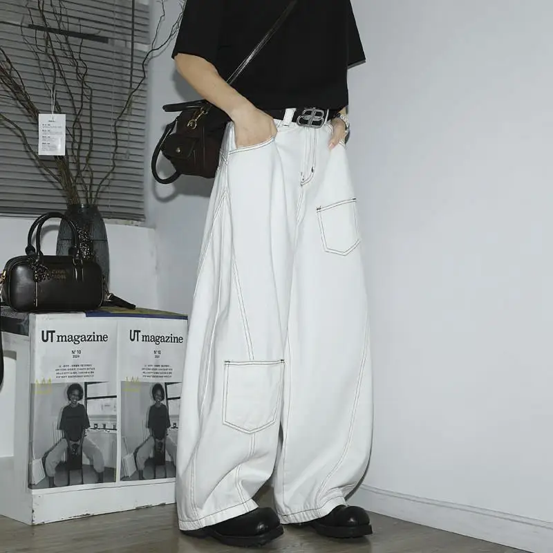 

American Style Loose Wide Leg Jeans Men's Distressed Washed Pocket Design High Street Loose Slimming Floor-Length Pants
