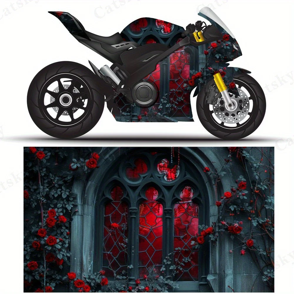 

Dark Rose Window Motorcycle Film Stickers, Durable PVC Adhesive Decals for Motorcycle Customization, Weather-Resistant Protectiv