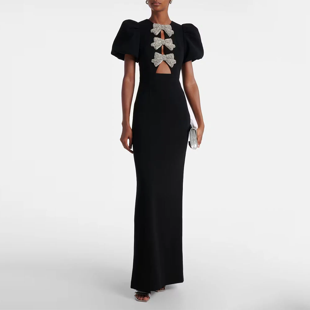 فستان سهرة نسائي أسود حديث حورية البحر طول الأرض فستان رسمي للحفلات بأكمام قصيرة منتفخة فستان سعودي مع فيونكة للحفلات الراقصة #1